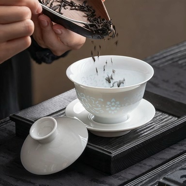 0476ca1513eb1eb1df3808b59b971652 Linglong porcelain three talents cover the bowl and tea cup