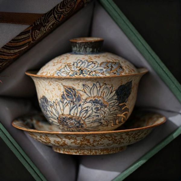 1d35c46f8a575ab64fa0417a8fd994c6 Sunflower hand-painted blue fire flower stone red three talents cover bowl ceramic tea cup