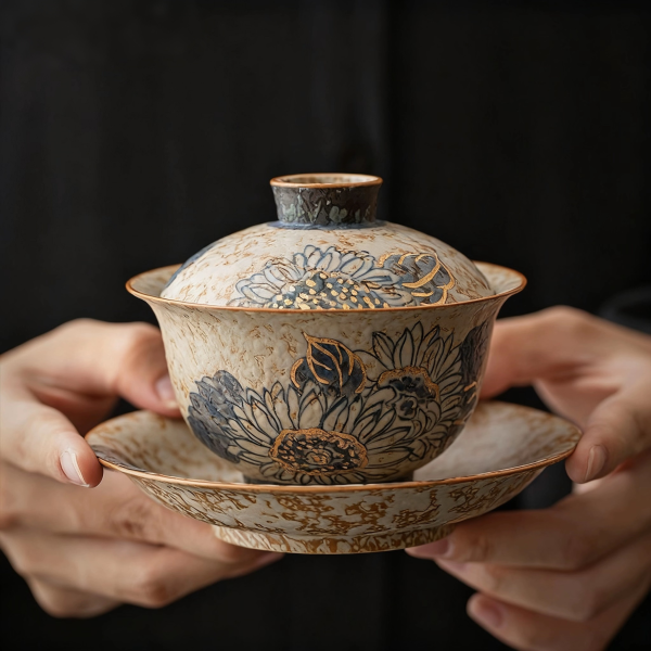 e7d916496fa1d5a72c97e4f33e964aef Sunflower hand-painted blue fire flower stone red three talents cover bowl ceramic tea cup