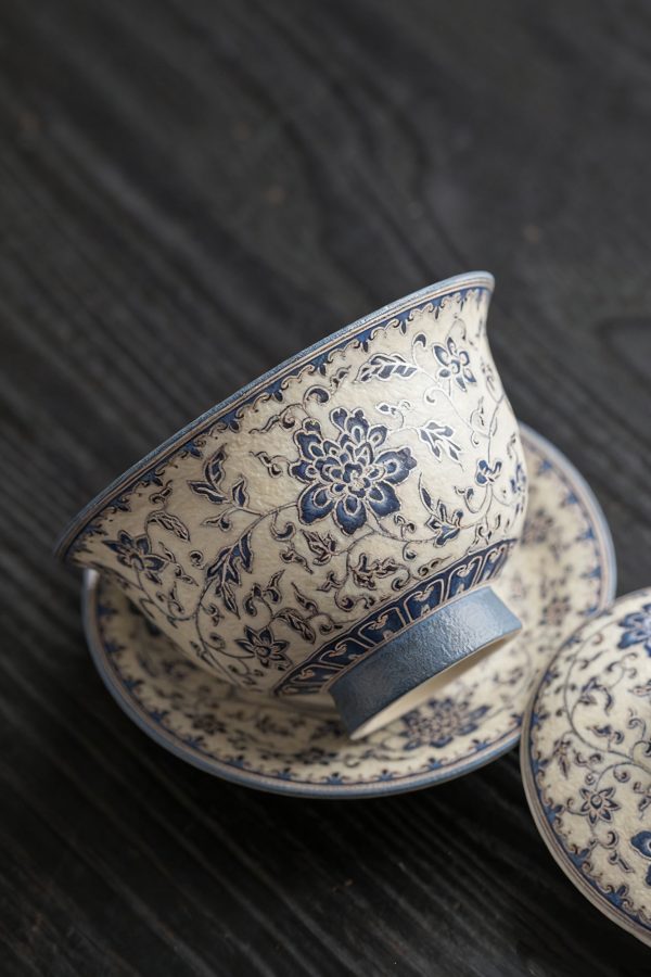 1278995b28aa90e321fde24da60abd7d Blue and flower twig lotus three talents cover bowl tea cup