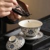 Blue and flower twig lotus three talents cover bowl tea cup