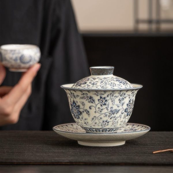 3fb09d507c42357904b0a952df6434dc Blue and flower twig lotus three talents cover bowl tea cup