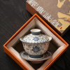 Blue and flower twig lotus three talents cover bowl tea cup