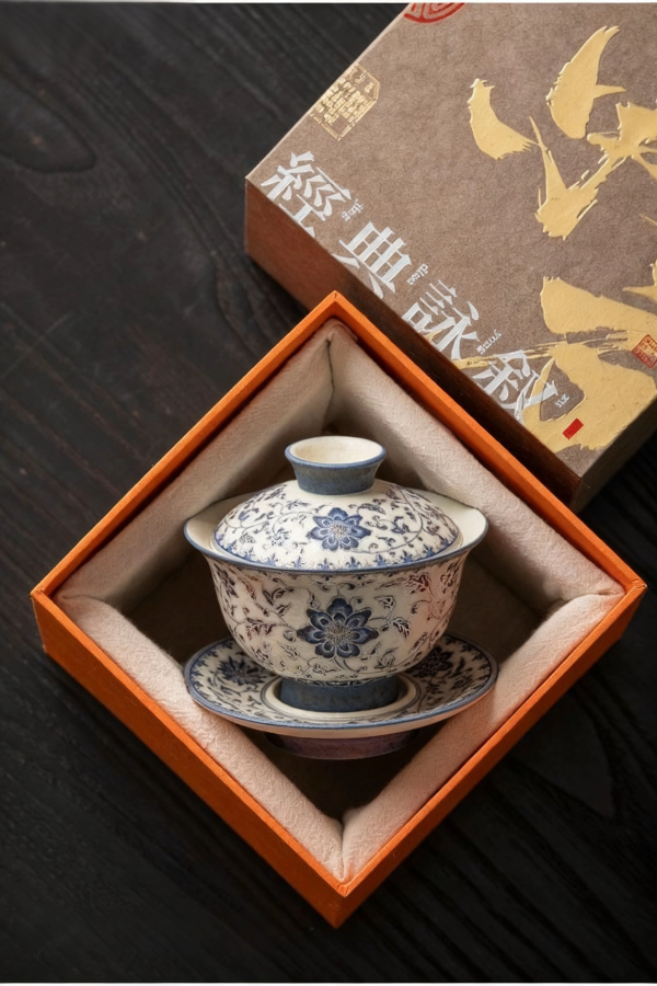 539c380ac337d7f4f5017a8a80b173a9 Blue and flower twig lotus three talents cover bowl tea cup