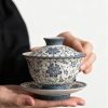 Blue and flower twig lotus three talents cover bowl tea cup