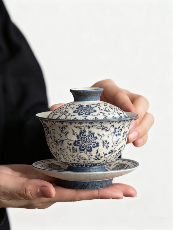 545b404304d9b592323fb12181e74950 Blue and flower twig lotus three talents cover bowl tea cup