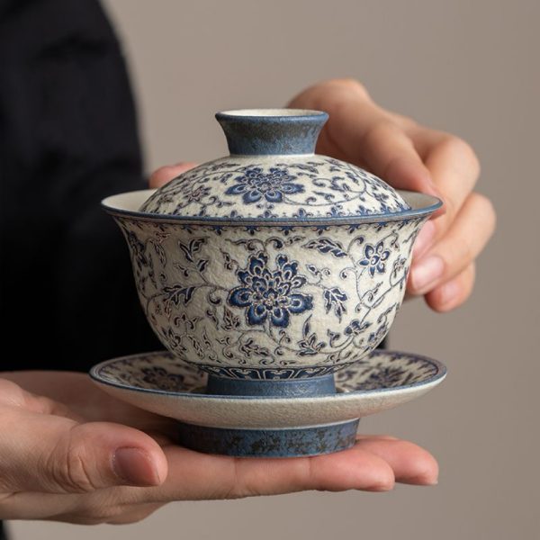 62170a4eb61ef5bf9c69667d94e3f189 Blue and flower twig lotus three talents cover bowl tea cup