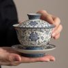 Blue and flower twig lotus three talents cover bowl tea cup