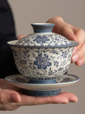Blue and flower twig lotus three talents cover bowl tea cup