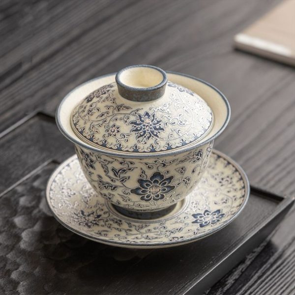 6525b749cbef000218fd193bf00f5392 Blue and flower twig lotus three talents cover bowl tea cup