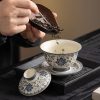 Blue and flower twig lotus three talents cover bowl tea cup