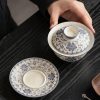 Blue and flower twig lotus three talents cover bowl tea cup