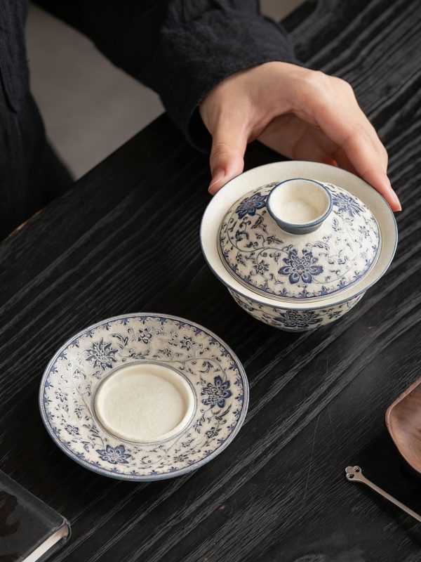 ca5a3d3931b0f0cfe5e23f4afa4eea65 Blue and flower twig lotus three talents cover bowl tea cup