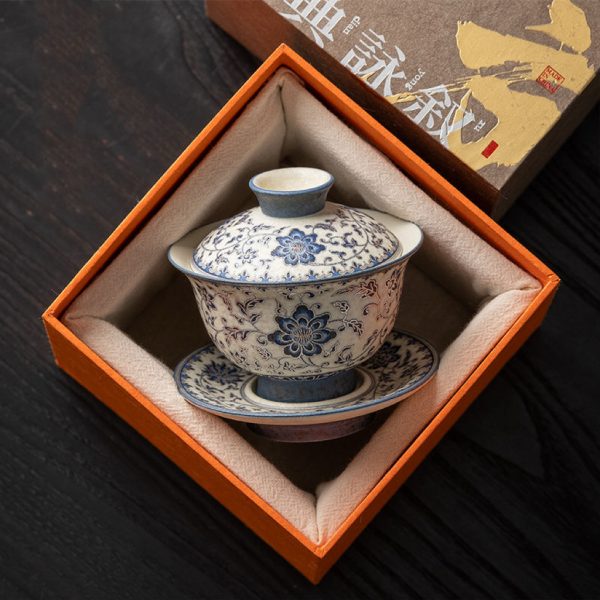 e0cd149f3ab8f022627821f3ff927b2a Blue and flower twig lotus three talents cover bowl tea cup